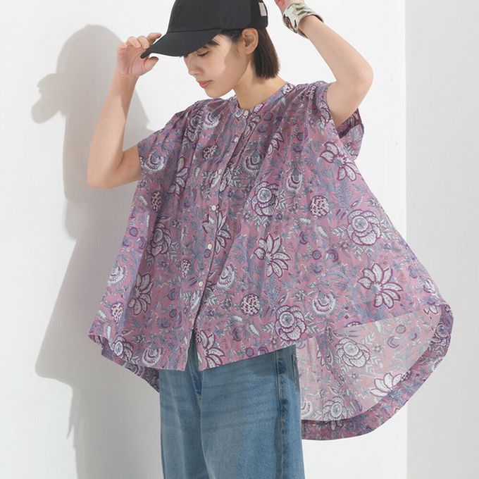 日本 OMNES - 100%印度棉 輕盈寬版襯衫式上衣-花朵-紫