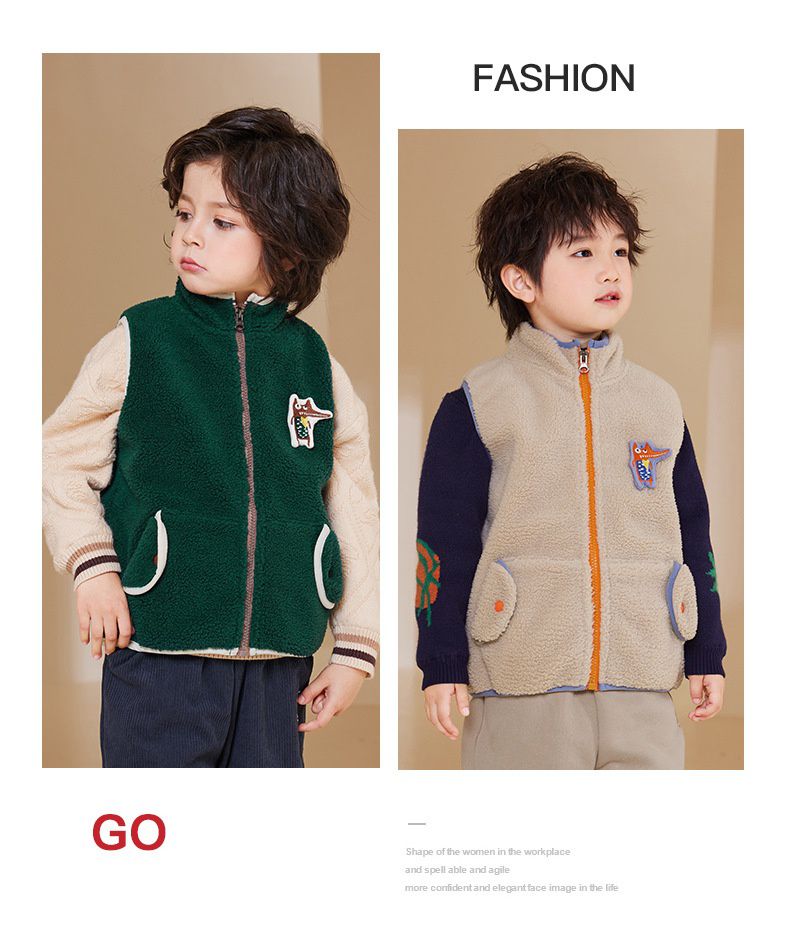 搖粒絨保暖兒童背心-可愛狐狸-深綠色