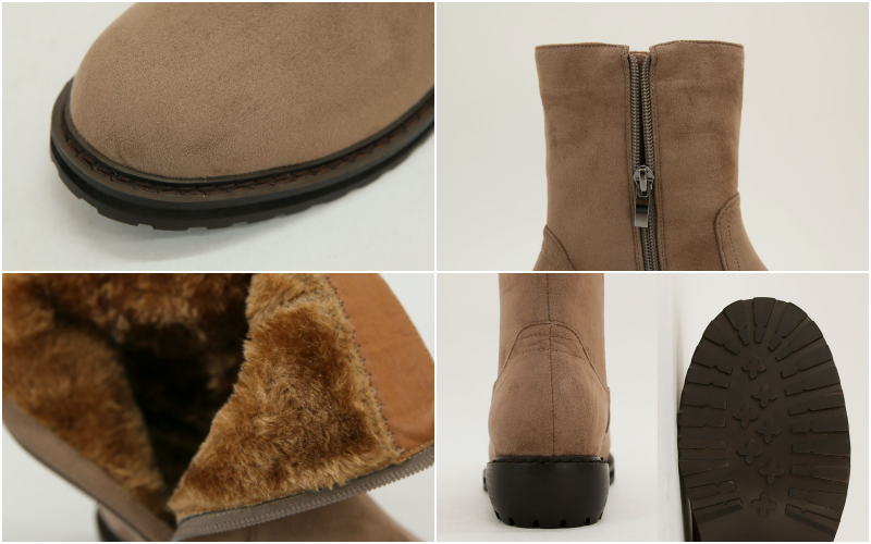 韓國 PINKELEPHANT - 拉鍊式低跟半筒皮靴(4cm)-絨面/內刷毛-褐