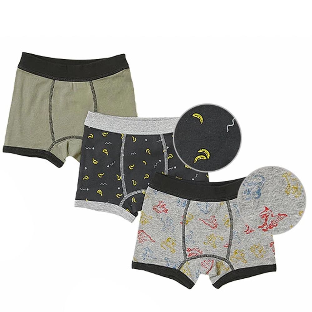 日本 devirock - 純棉吸水速乾平口內褲三件組(男孩)-香蕉恐龍-綠黑灰