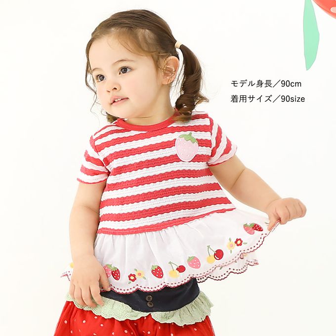 日本 ZOOLAND - 甜蜜草莓緹花條紋可愛刺繡上衣-粉紅