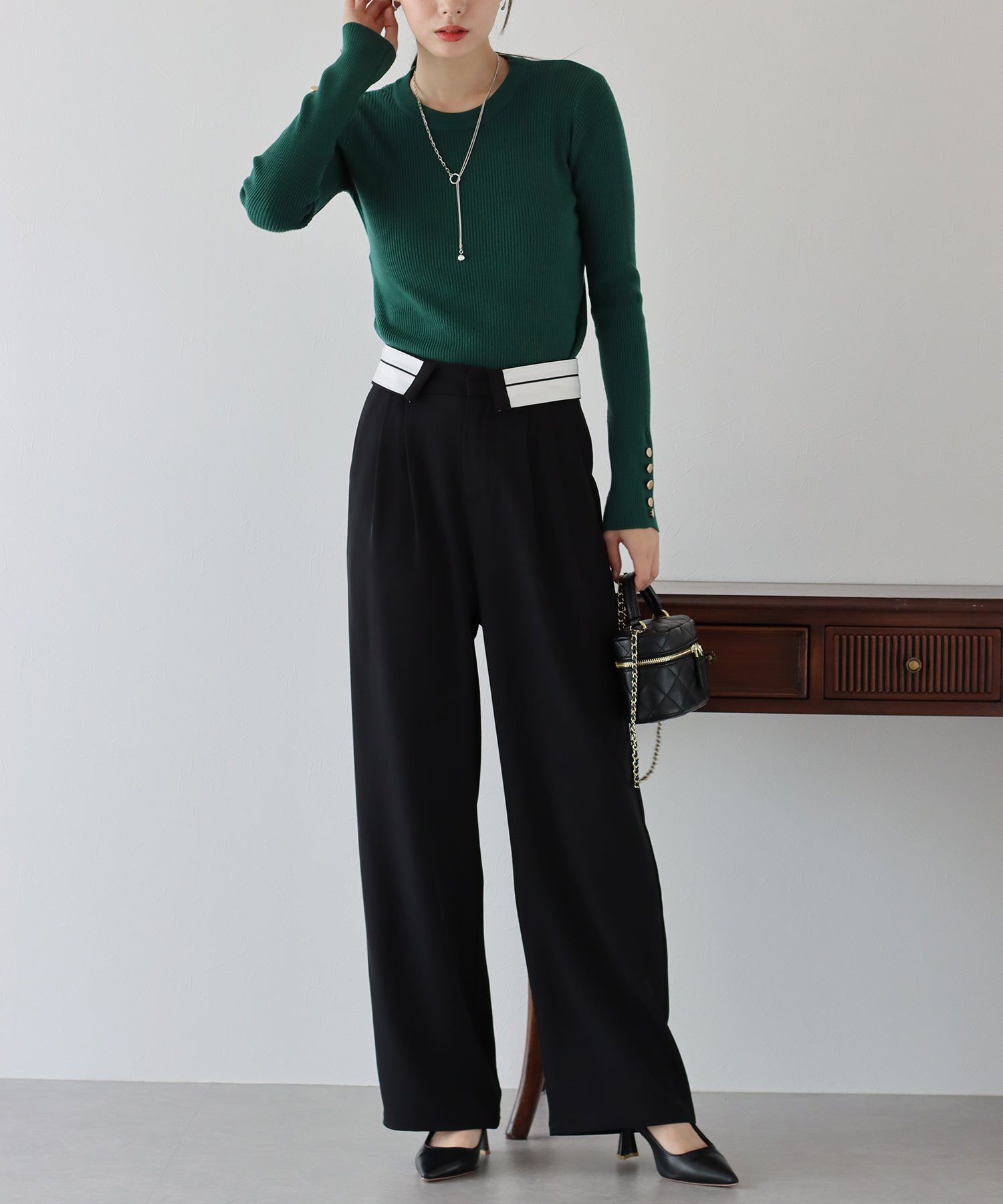 日本 BLUE EAST - 時尚金釦羅紋針織上衣-墨綠