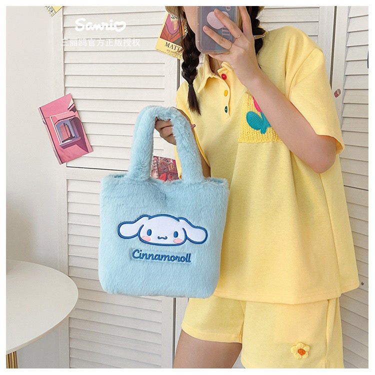 卡通毛茸茸大容量手提袋-卡通人物Hello Kitty-白色 (30x10x(27+17)cm)