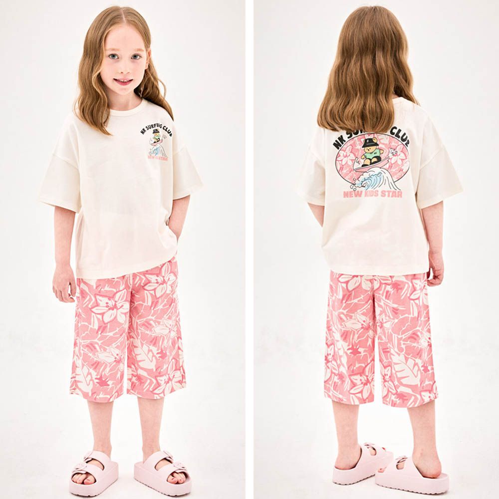 扶桑花衝浪熊短袖上衣X七分褲套裝-米X粉