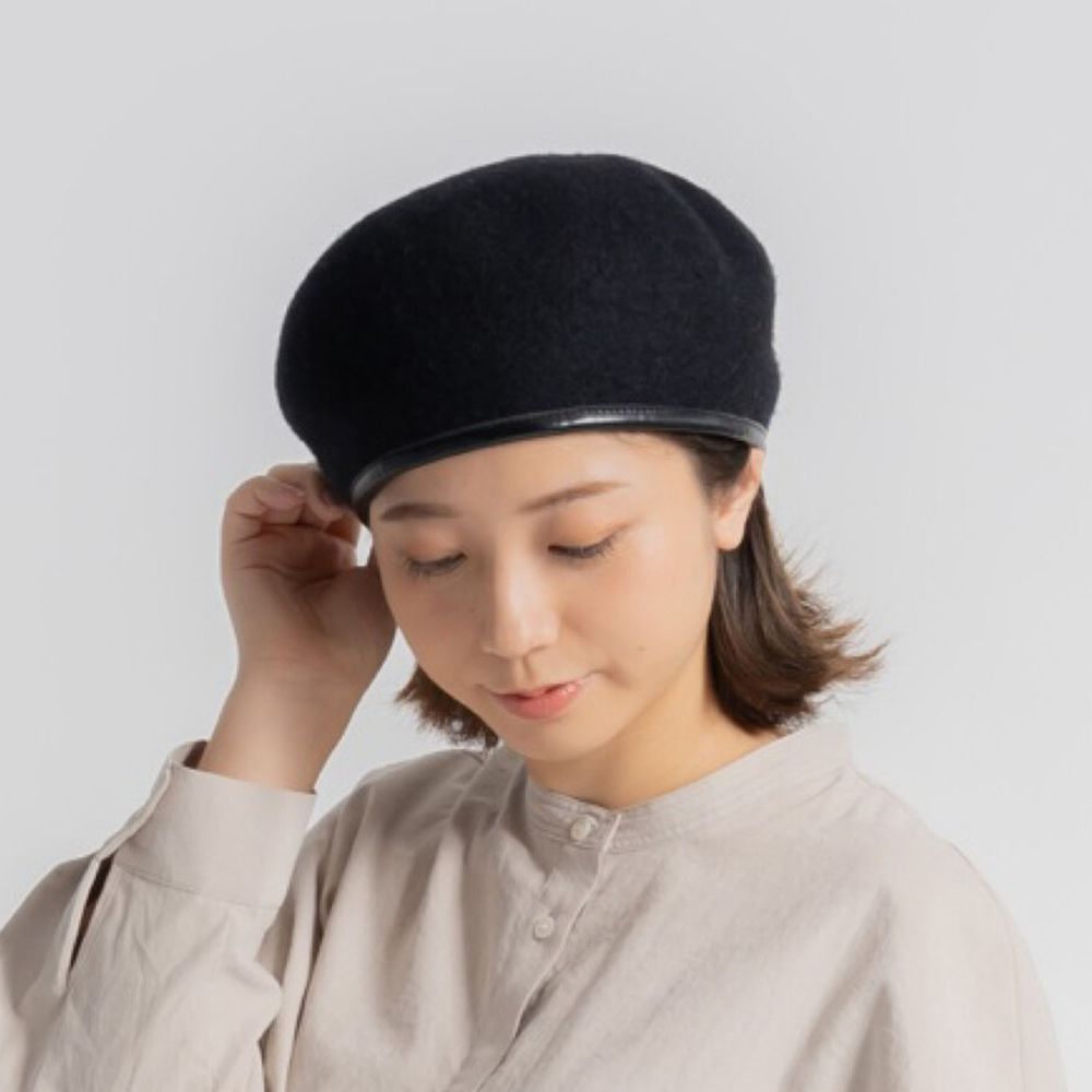 日本 jou jou lier - 合成皮拼接毛呢貝蕾帽-07 黑 (FREE)