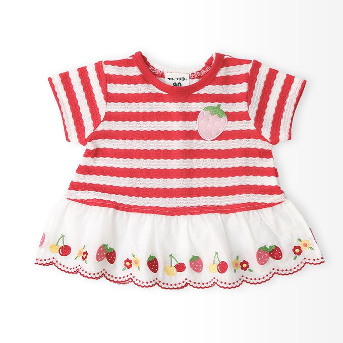 日本 ZOOLAND - 甜蜜草莓緹花條紋可愛刺繡上衣-紅
