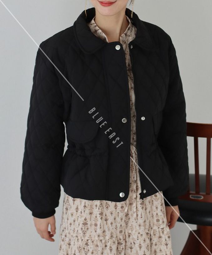 日本 BLUE EAST - 俐落翻領絎縫束腰短版外套-(毛絨領可拆)-黑