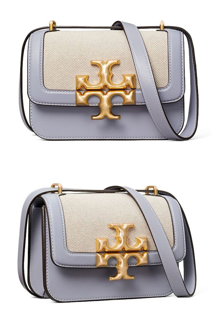 TORY BURCH - 復古拼接皮革翻蓋斜背包-卡其滾藍邊