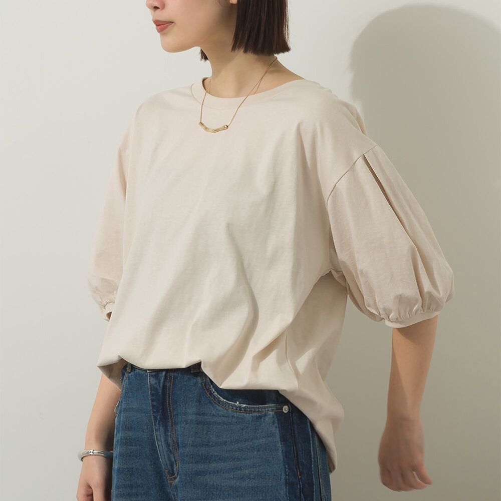 絲滑混棉 可愛泡泡袖上衣-奶油米