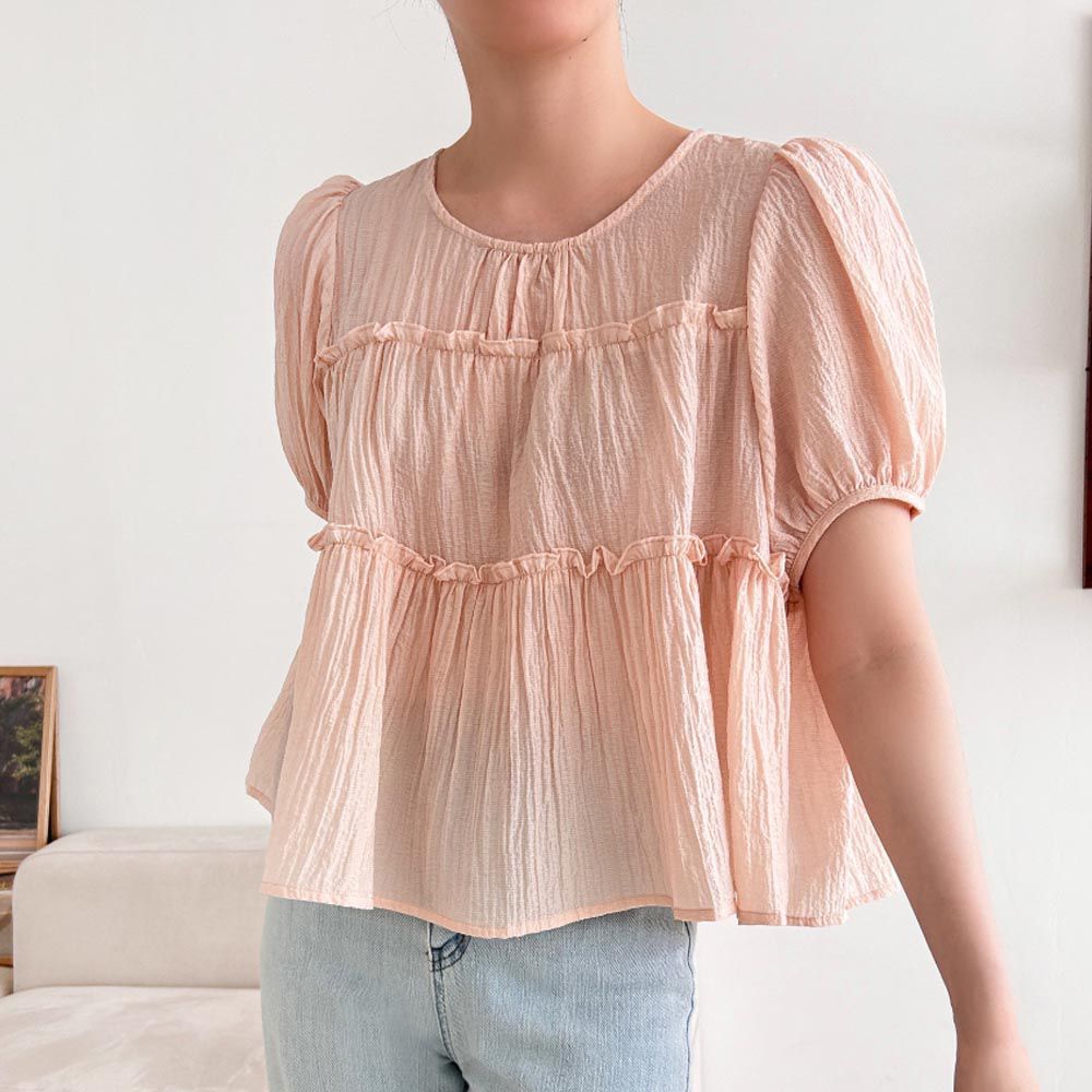 韓國女裝連線 - 拼接皺褶微透感公主袖襯衫-粉橘 (FREE)