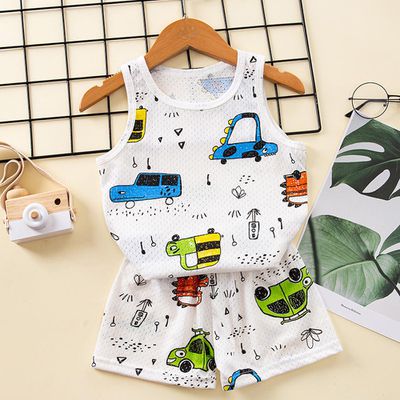 卡通網眼洞洞無袖家居服套裝/空調服-卡通車車-白色