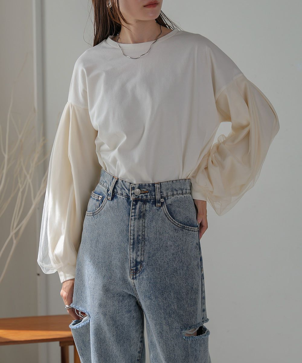 日本 Bab - 優雅拼接薄紗長袖上衣-深灰