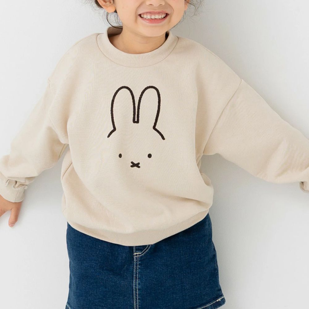 限量聯名 裏毛米飛兔印花大學長袖上衣-線條耳朵-米杏