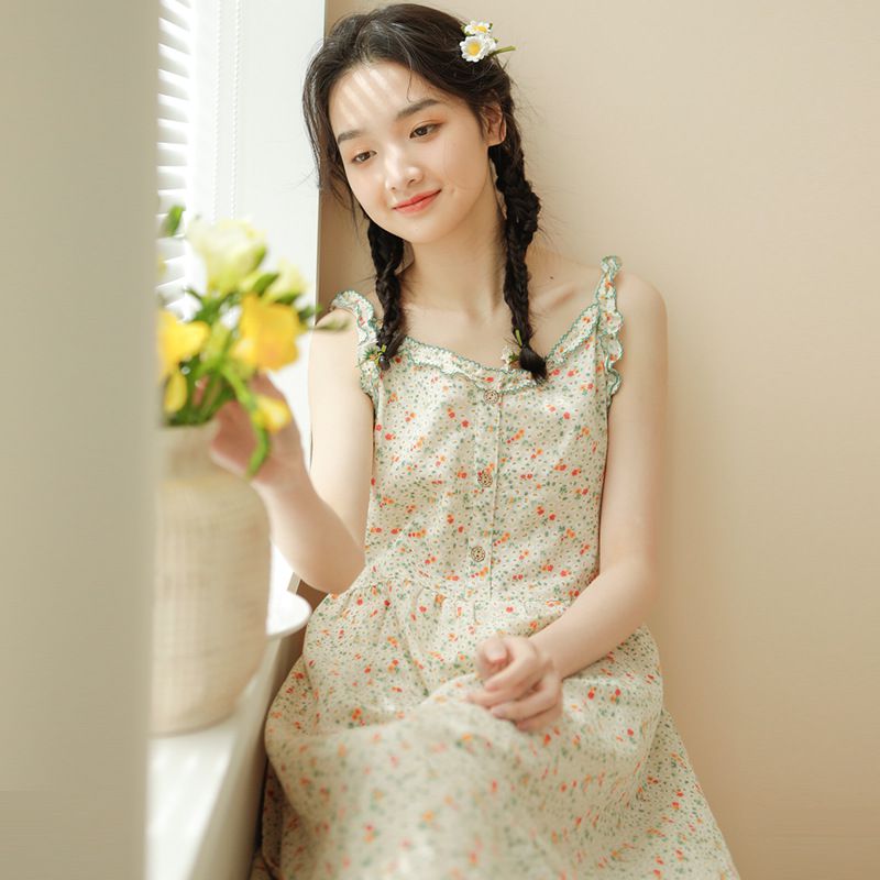 雙層棉紗布透氣細肩帶睡裙-滿版碎花-米黃色