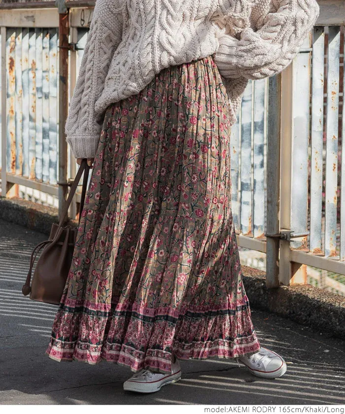 日本 COCA - 100%棉 春日優雅碎花長裙-大人-軍綠x粉紫