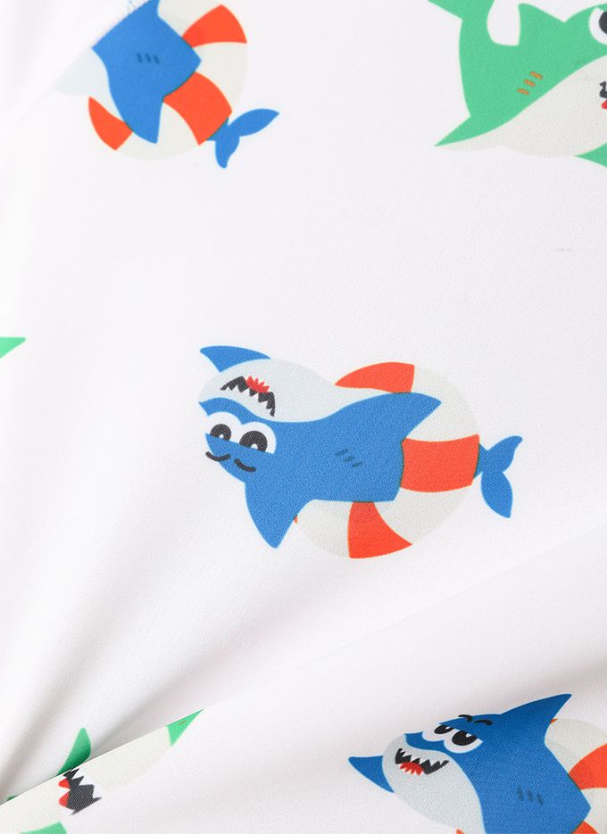 韓國 OZKIZ - 泳圈鯊魚印長袖泳裝/泳帽Set-白灰X藍