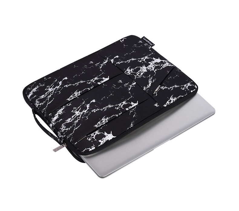 多口袋防潑水手提式電腦包-大理石花紋-黑色