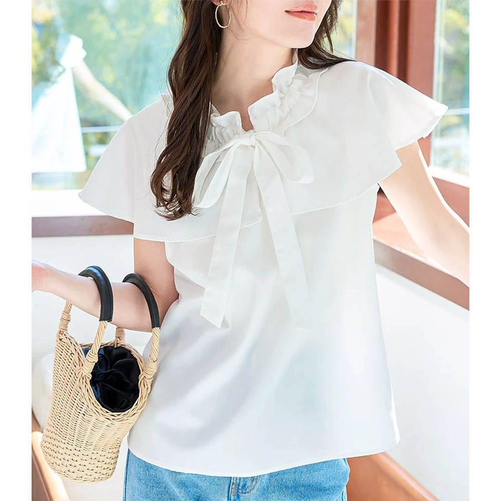 蝴蝶結甜美斗篷領無袖上衣-白