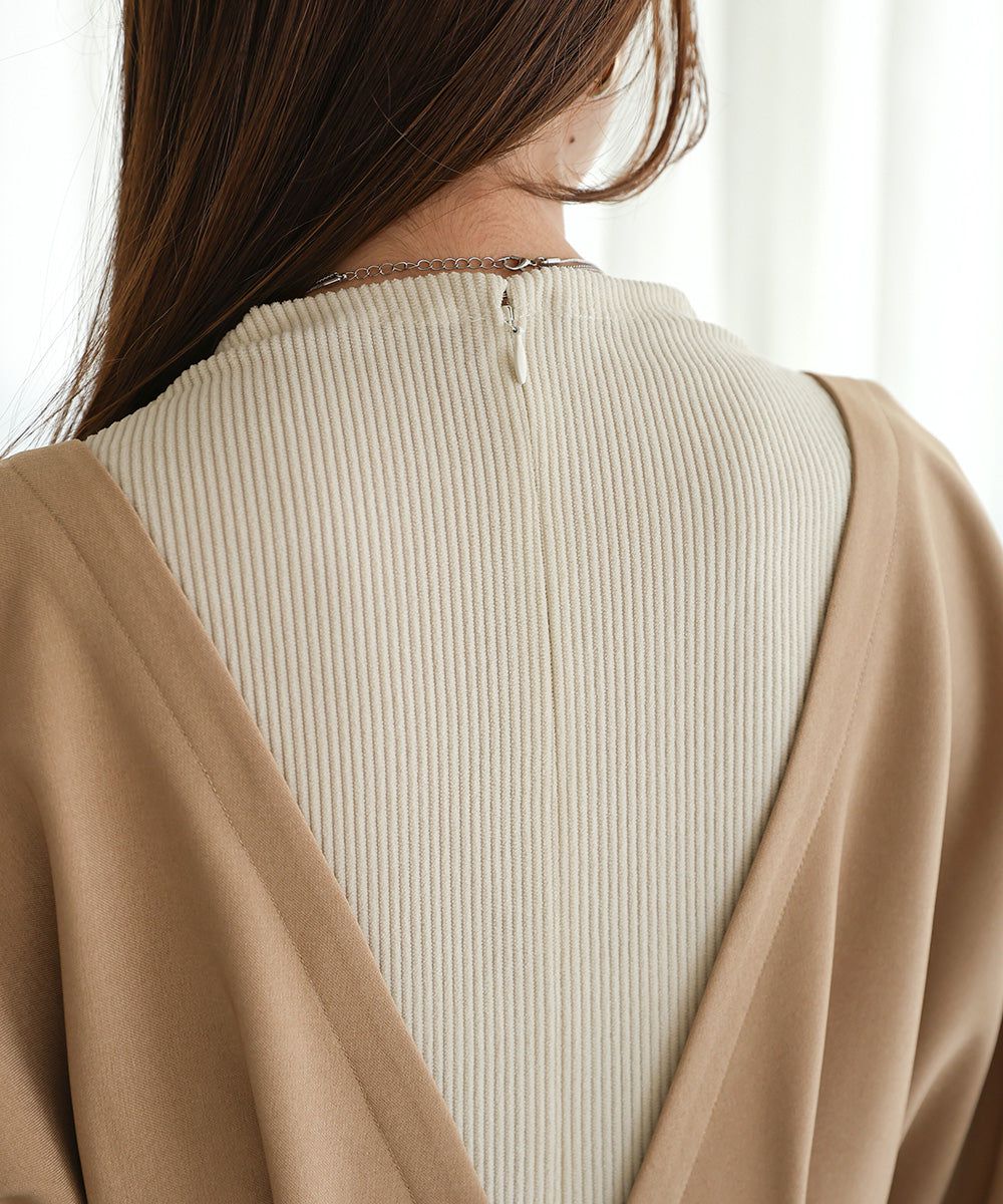 日本 Bab - 大V領拼接唯美歐風長袖洋裝-灰藍