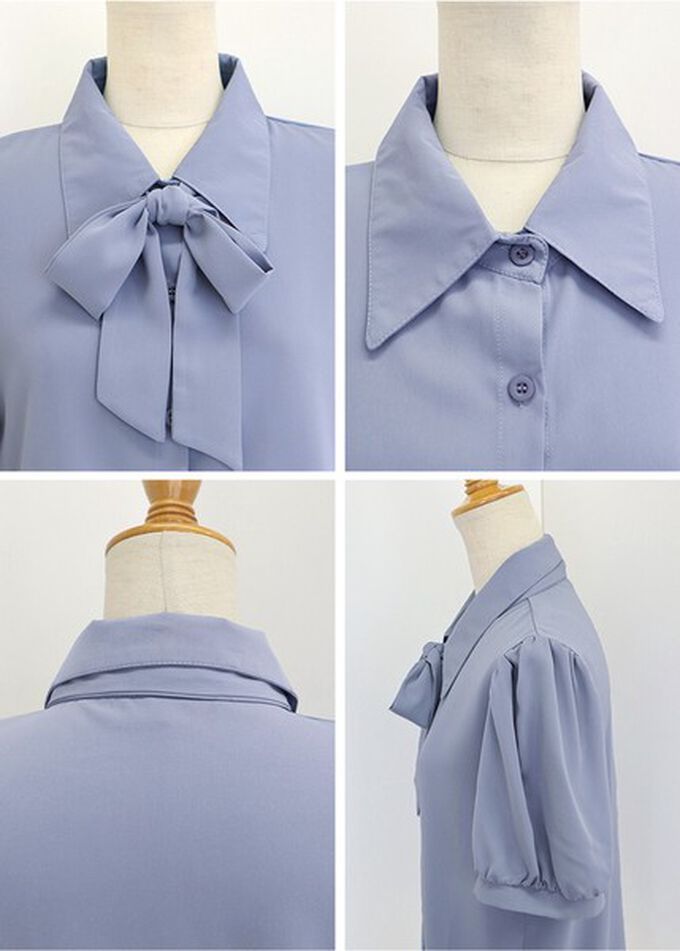 日本 BLUE EAST - 氣質蝴蝶結雪紡小澎袖襯衫-深藍