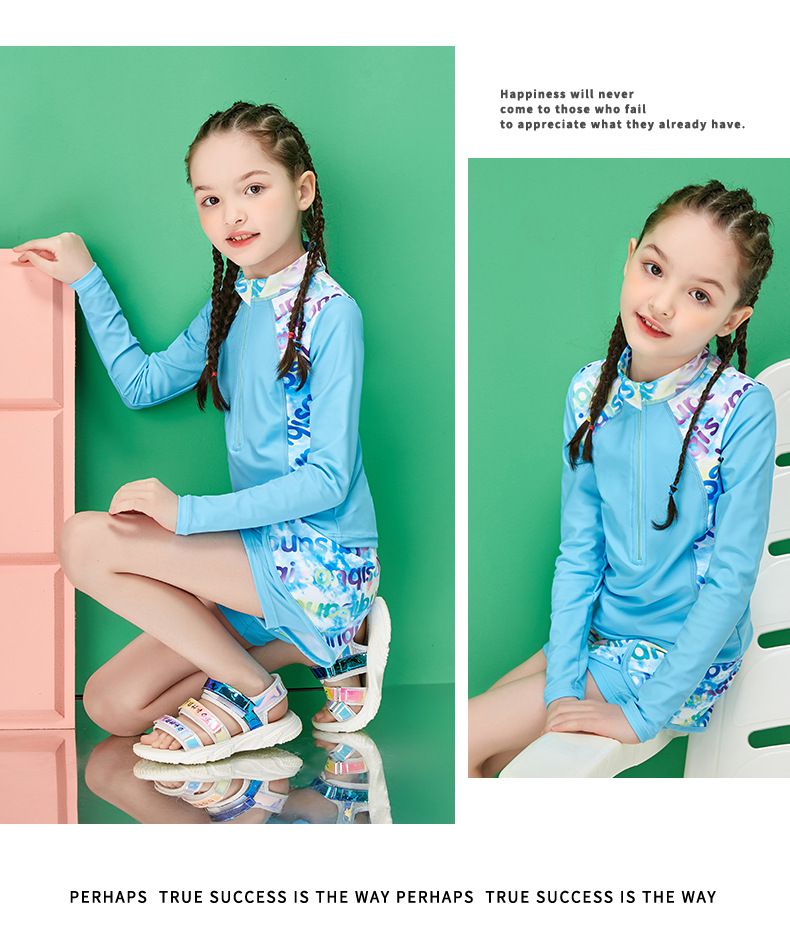 女寶運動風長袖泳衣套裝-繽紛假兩件短褲-紫色