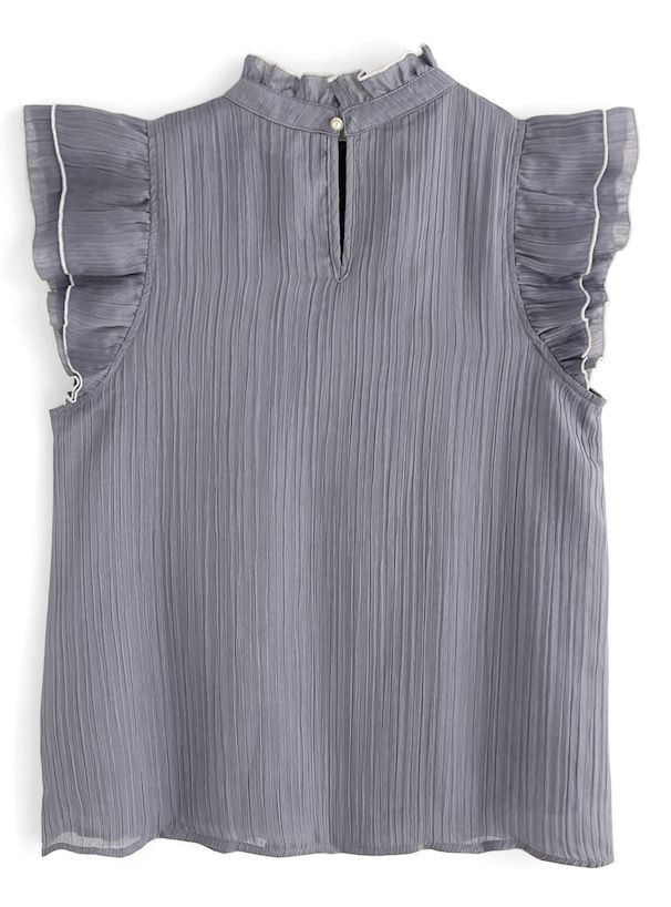 日本 GRL - 甜美細摺木耳卷邊無袖上衣-灰藍 (F)