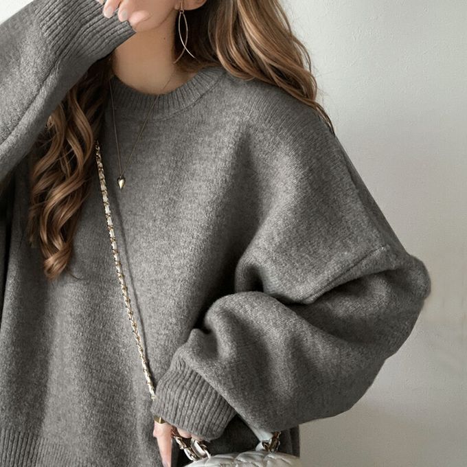 日本 Classical Elf - 溫柔圓領寬版純色針織毛衣-粉