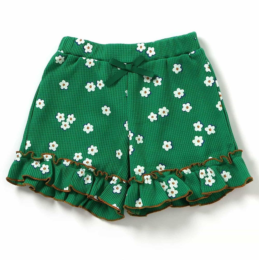 華夫格QQ荷葉短褲-小白花-濃綠