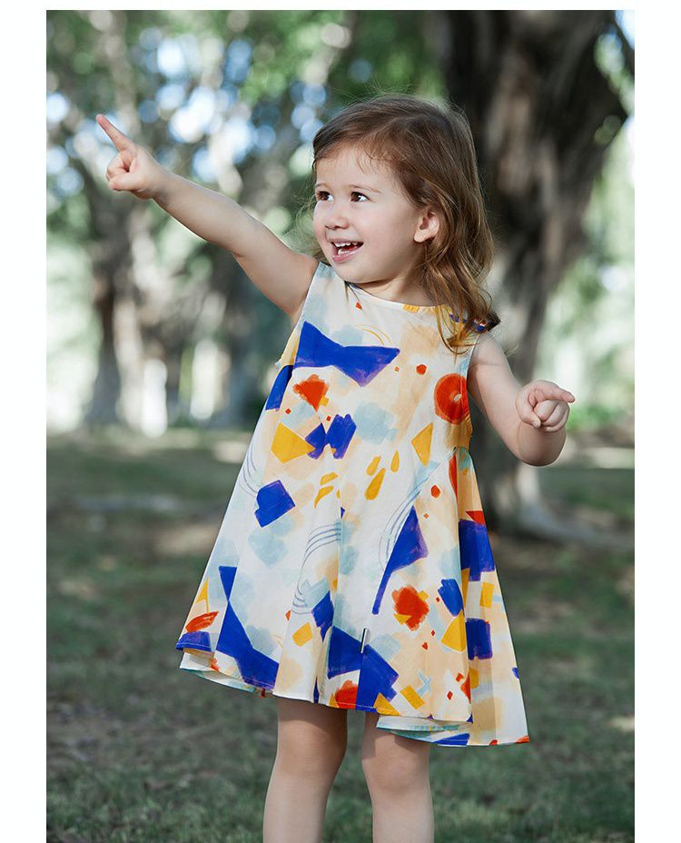純棉油畫風無袖連身洋裝-拼色幾何-杏色