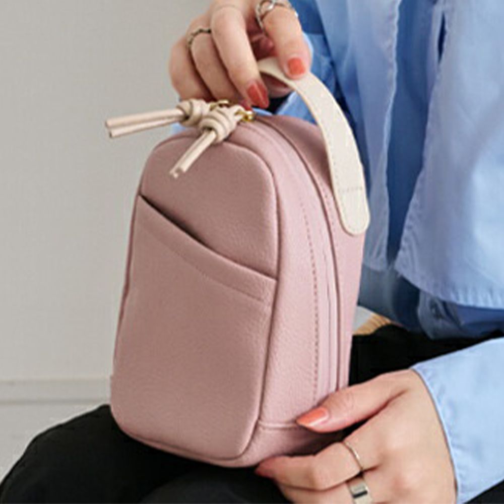 皮革感手提直立式聰明收納化妝包-煙燻粉紅