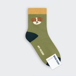 韓國連線 - 韓製動物毛巾繡彈性中筒襪-狗狗-軍綠 (23-25cm)-1雙
