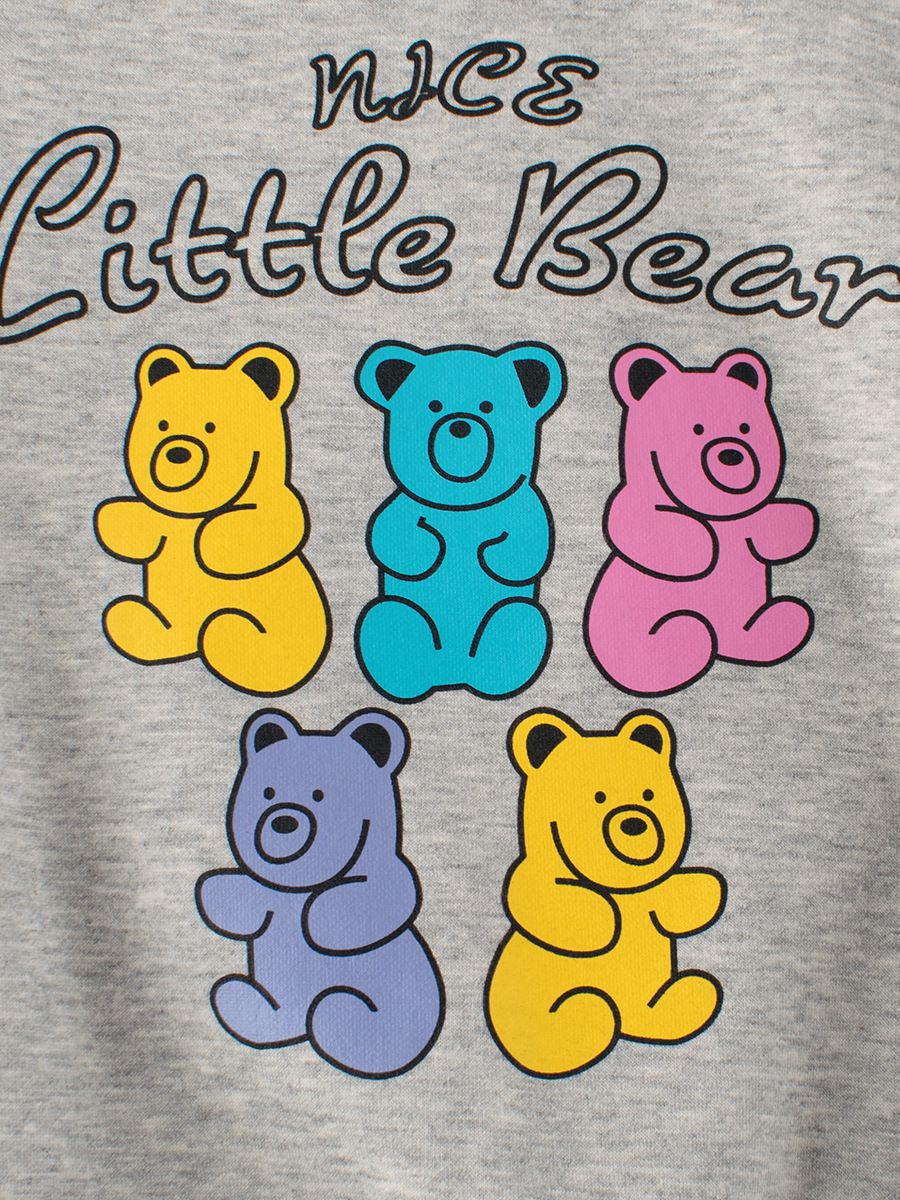 加絨圓領長袖上衣/大學T-繽紛熊熊-灰色