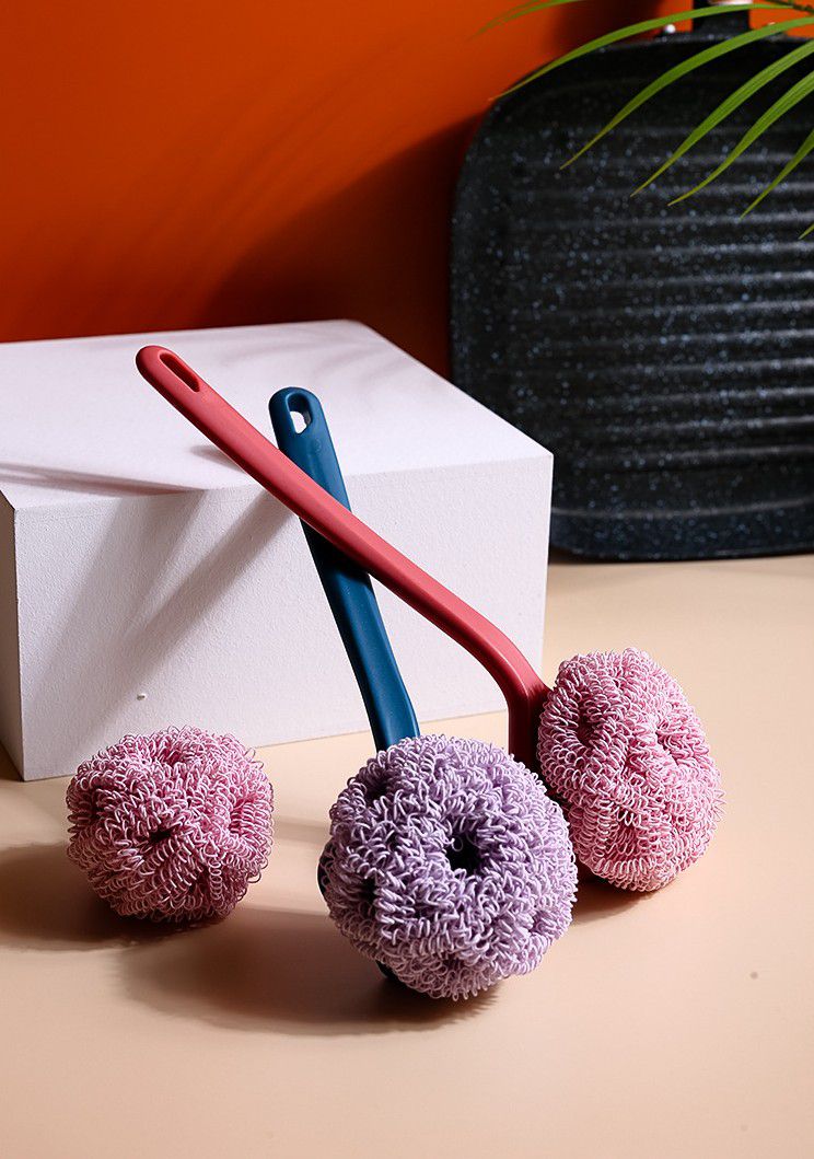 不沾油清潔球長柄刷組-3入組（長柄刷1組+2顆清潔球）-卡其色