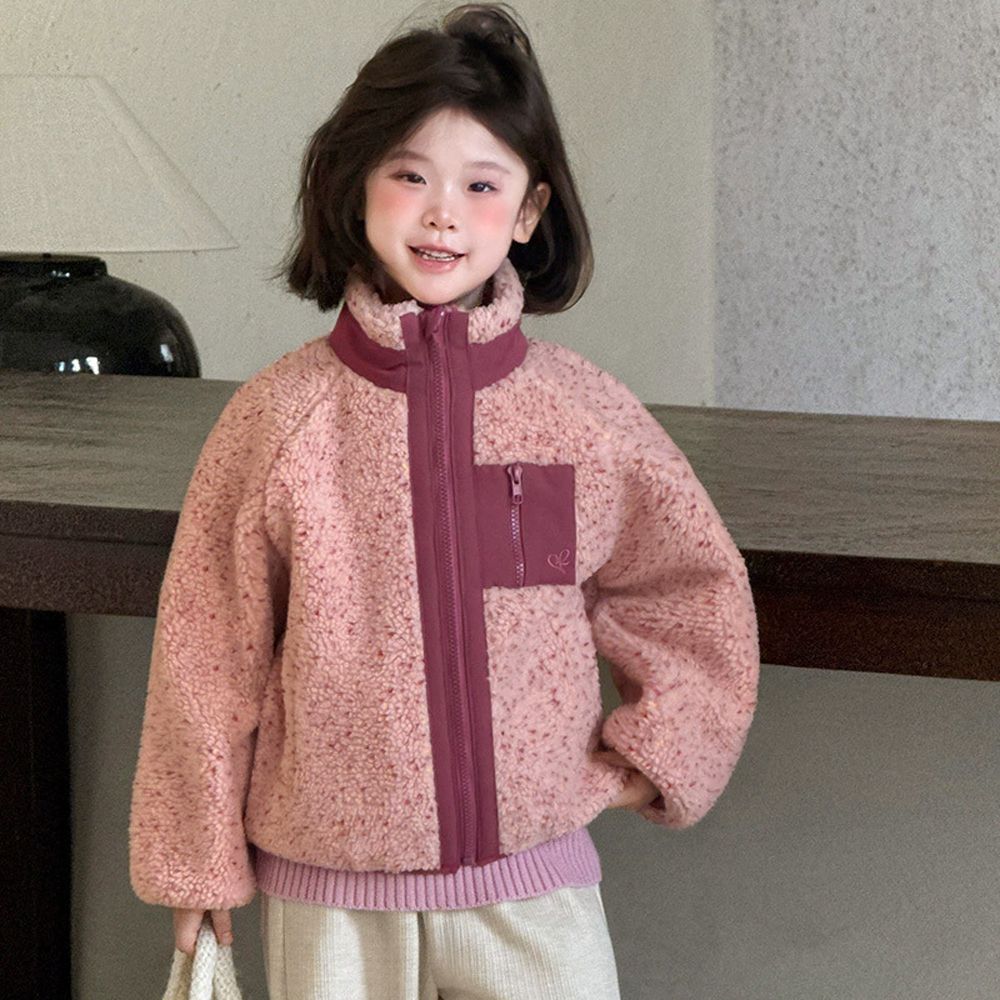 星空暖絨拼接搖粒絨外套-粉色