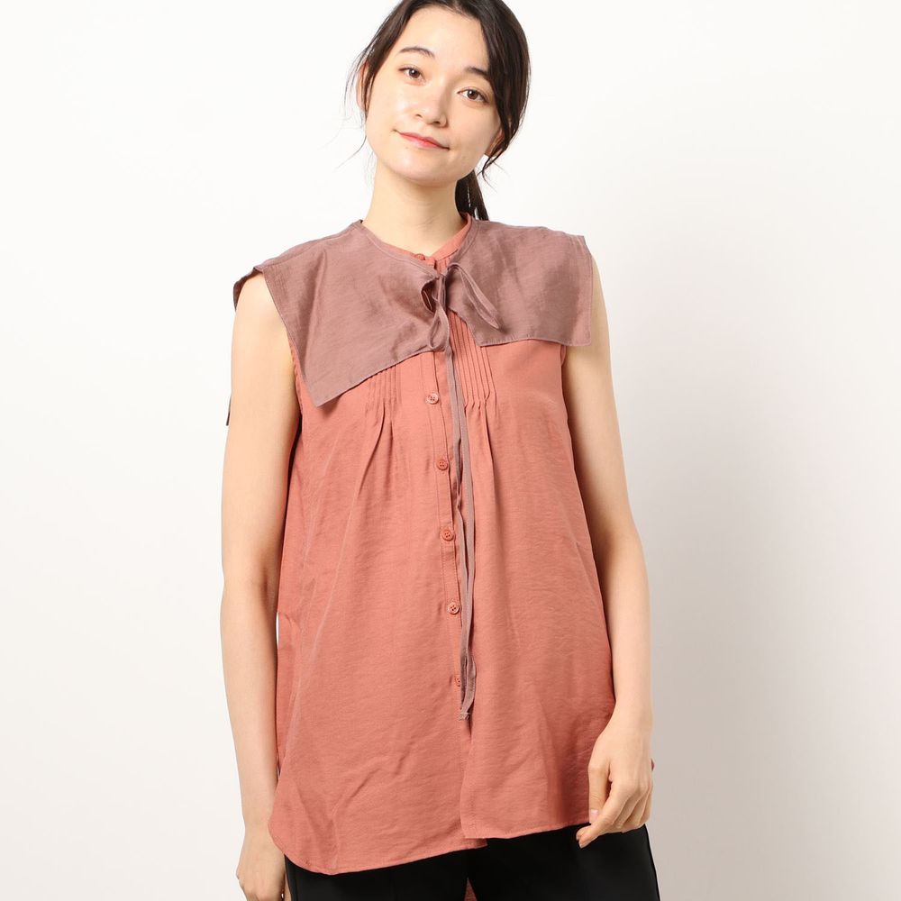 日本 Riche Glamour - 輕薄無袖襯衫+綁帶大領片兩件組-磚橘