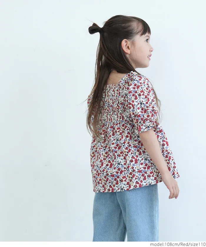 日本 COCA - 歐風碎花泡泡短袖上衣-孩子-洋紅