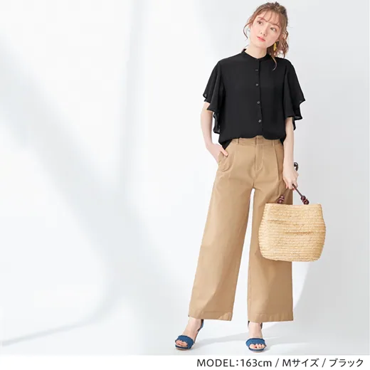 日本 BELLUNA - 浪漫大荷葉袖楊柳雪紡短袖襯衫-灰藍