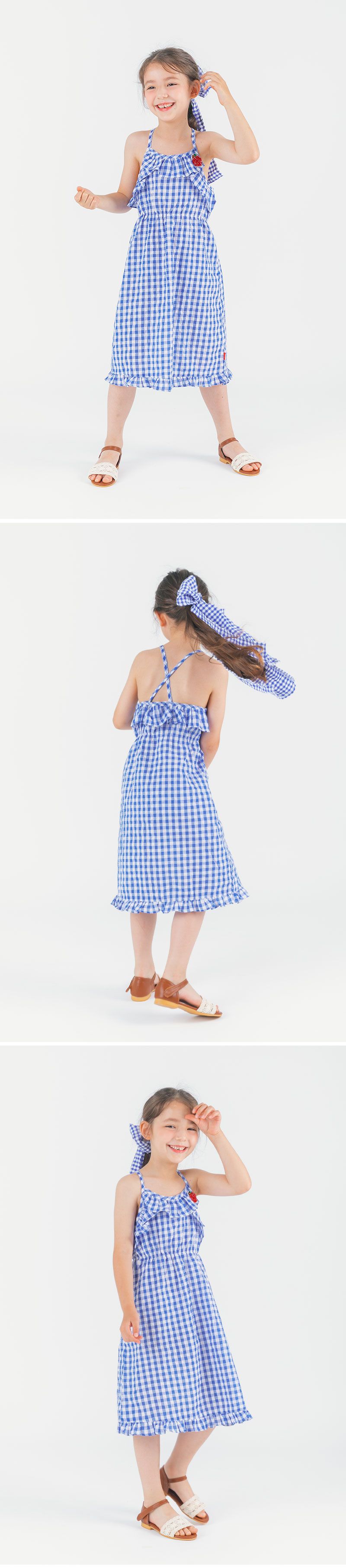 韓國 OZKIZ - 皺褶感格子細肩帶洋裝-藍