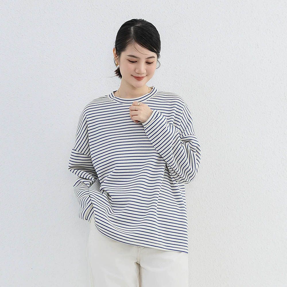 抗皺落肩針織感長袖上衣-藍色條紋 (F)