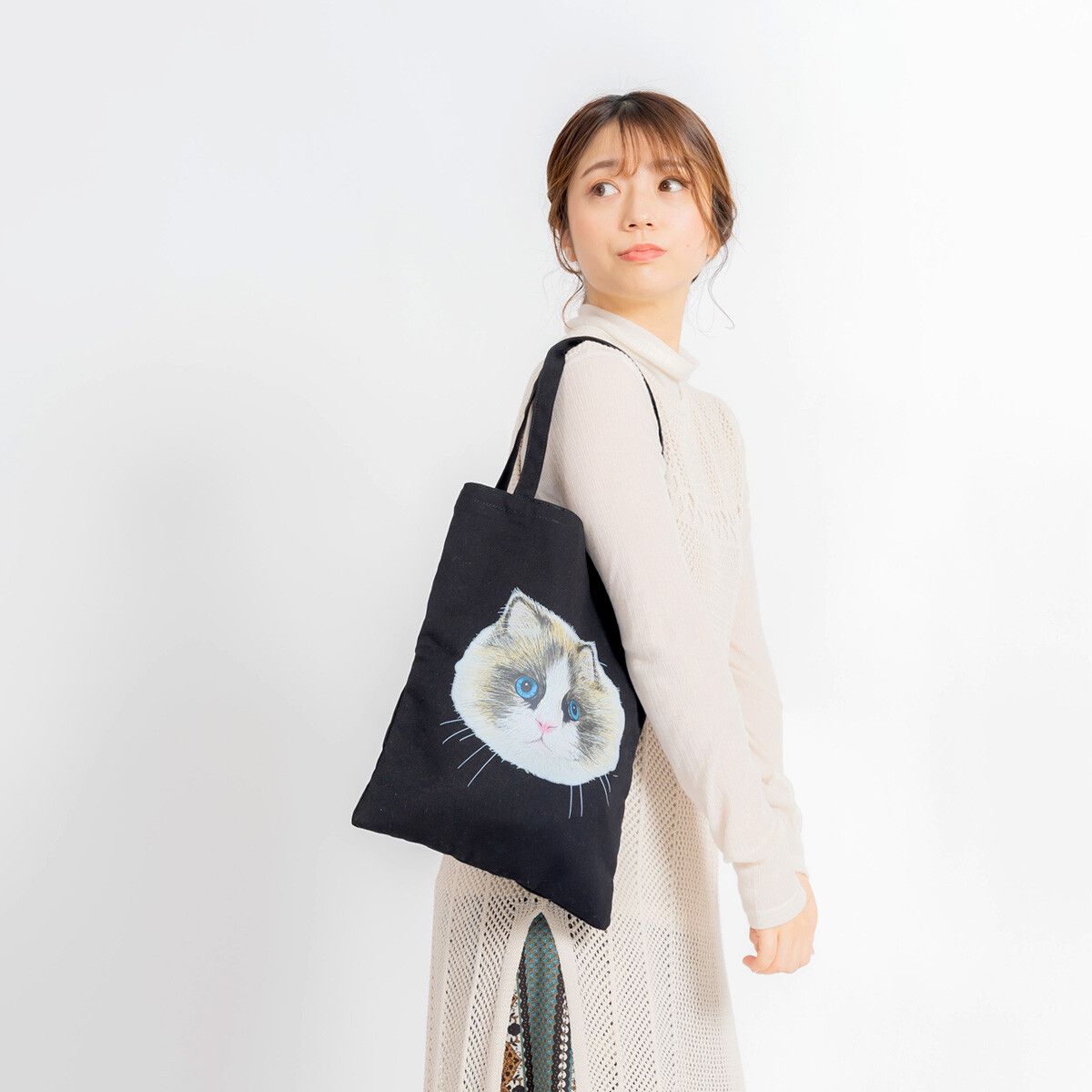 日本 Chepeli - 限量款 貓咪印花托特包/帆布包-曼赤肯貓-米杏 (38x30cm)