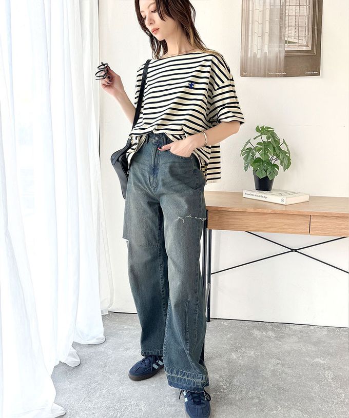 日本 Classical Elf - 混有機棉休閒條紋五分袖上衣-白x黑