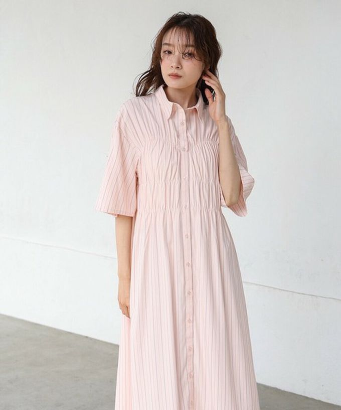 日本 Bab - 時尚抓皺襯衫式五分袖洋裝-條紋-藍