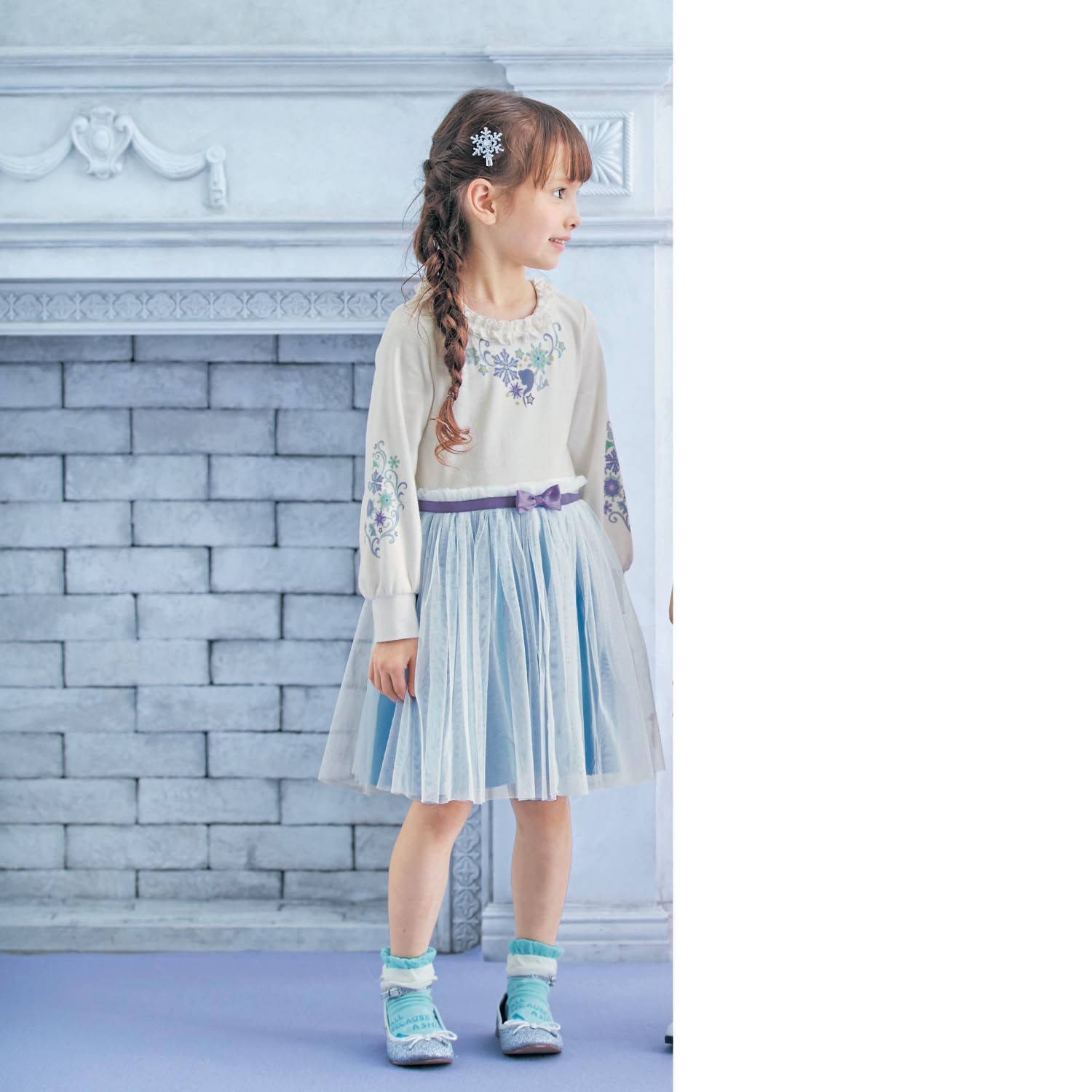 日本千趣會 - 迪士尼公主紗裙襬長袖洋裝-艾莎-白藍