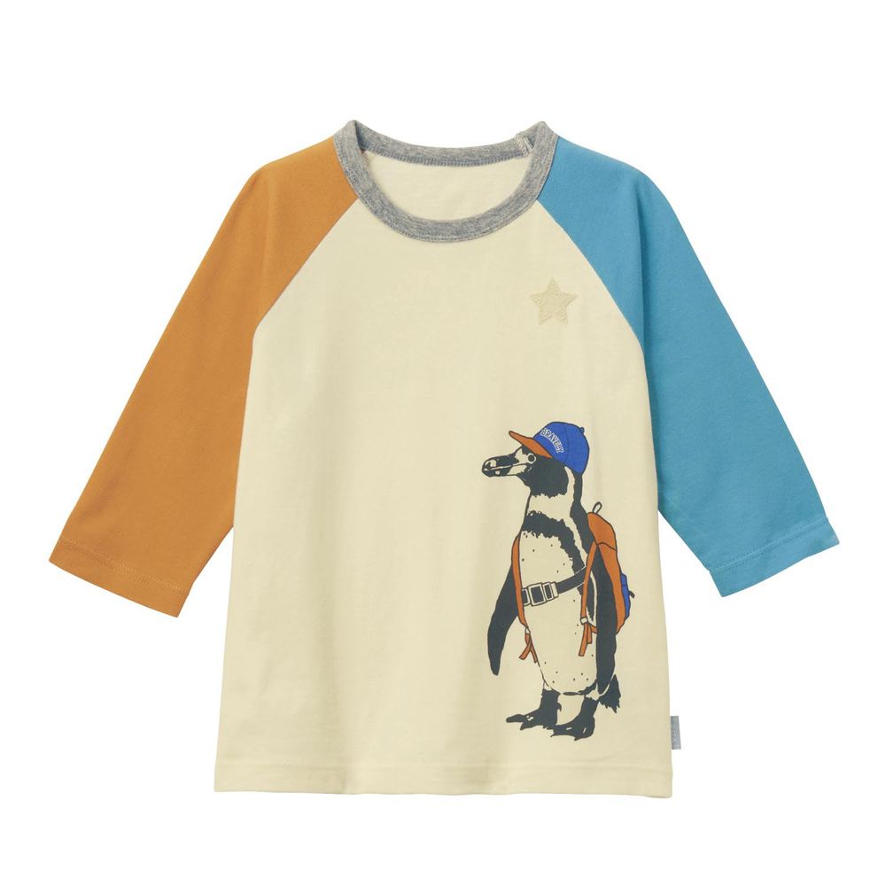 日本千趣會 - GITA 純棉七分袖T-企鵝背背包-橘X米X藍