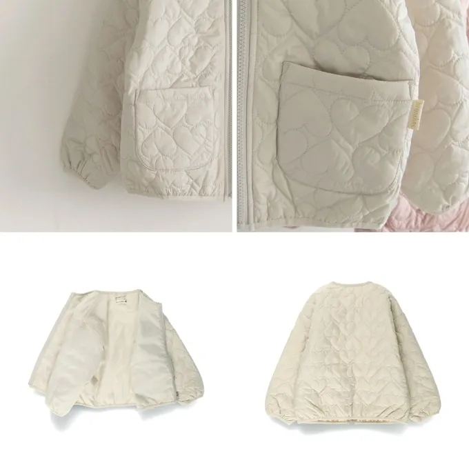 日本 BRANSHES - 甜美心型絎縫輕盈保暖無領外套(可機洗)-粉紅