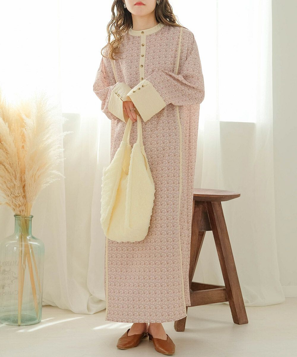 日本 Bab - 歐風碎花圓領雪紡洋裝-春日粉