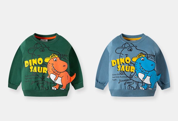 純棉圓領長袖上衣/大學T-Q萌微笑恐龍-綠色