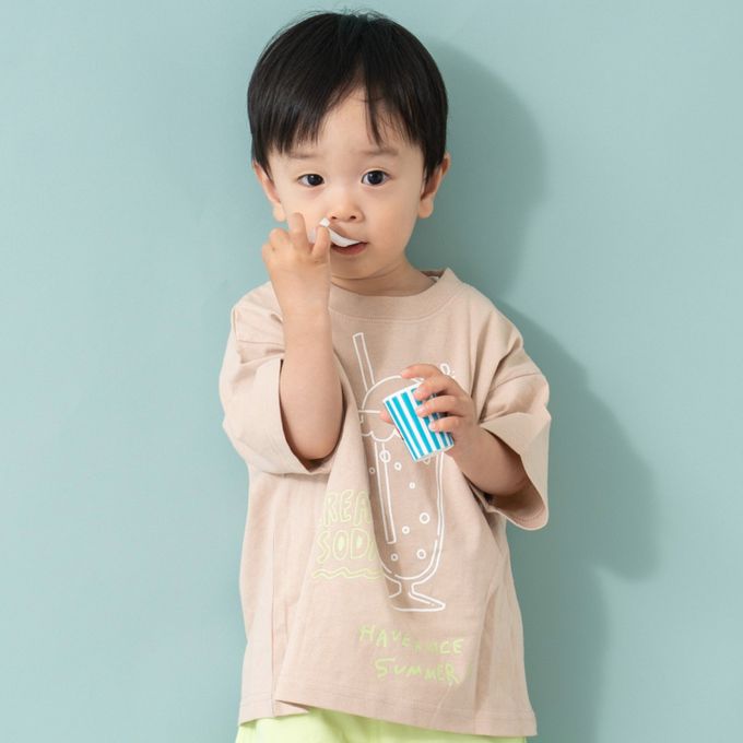 日本 petit main - 100%棉 塗鴉系食物印花短袖上衣-披薩-靛藍