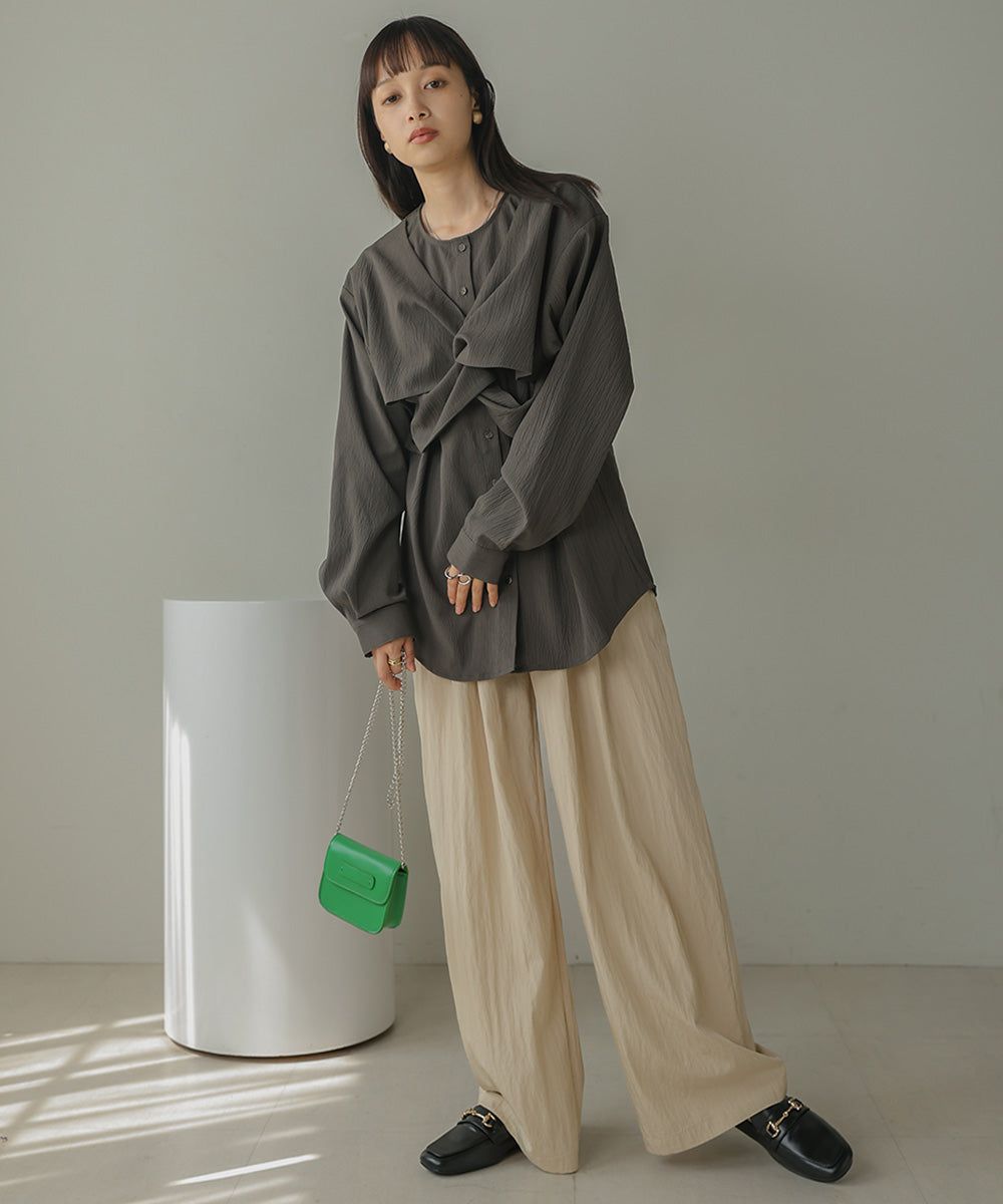 日本 Bab - 時尚扭結設計長袖襯衫-淺綠