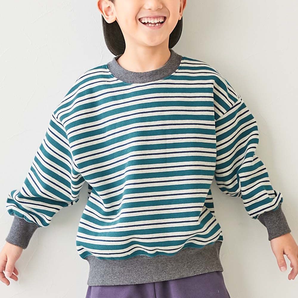 裏起毛 百搭條紋大學長袖上衣-森林綠